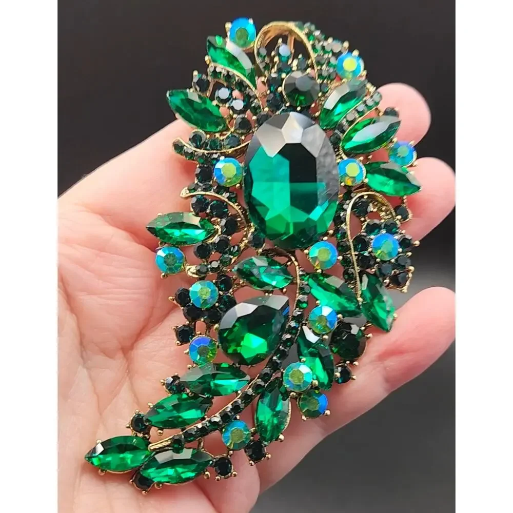 Green Abstract Floral Brooch: Faux Jewels & Rhinestones, Large